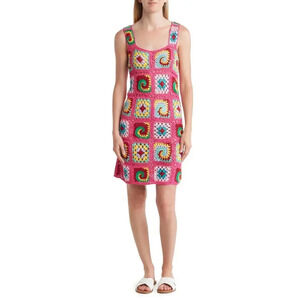 Cotton Emporium Patchwork Crochet Mini Dress Pink Size S